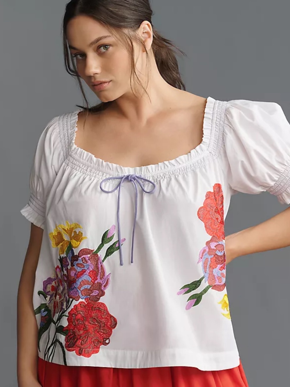 Anthropologie puff sleeve White Embroidered Floral Peasant Top L
